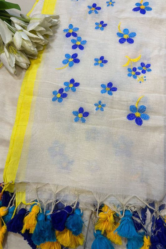 Elegant White Bengal Khadi Cotton Embroidered Flower Design Saree - Luxurion World