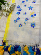 Elegant White Bengal Khadi Cotton Embroidered Flower Design Saree - Luxurion World