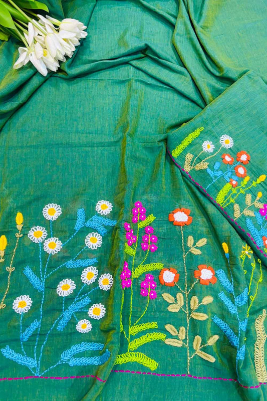 Stunning Green Bengal Khadi Cotton Embroidered Flower Design Saree - Luxurion World