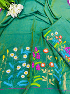 Stunning Green Bengal Khadi Cotton Embroidered Flower Design Saree - Luxurion World