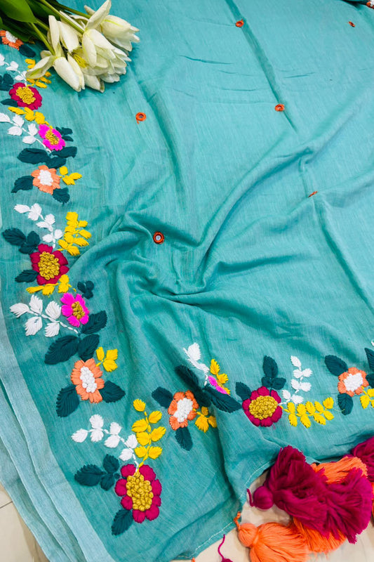 Blue Bengal Khadi Cotton Embroidered Flower Design Saree - Luxurion World