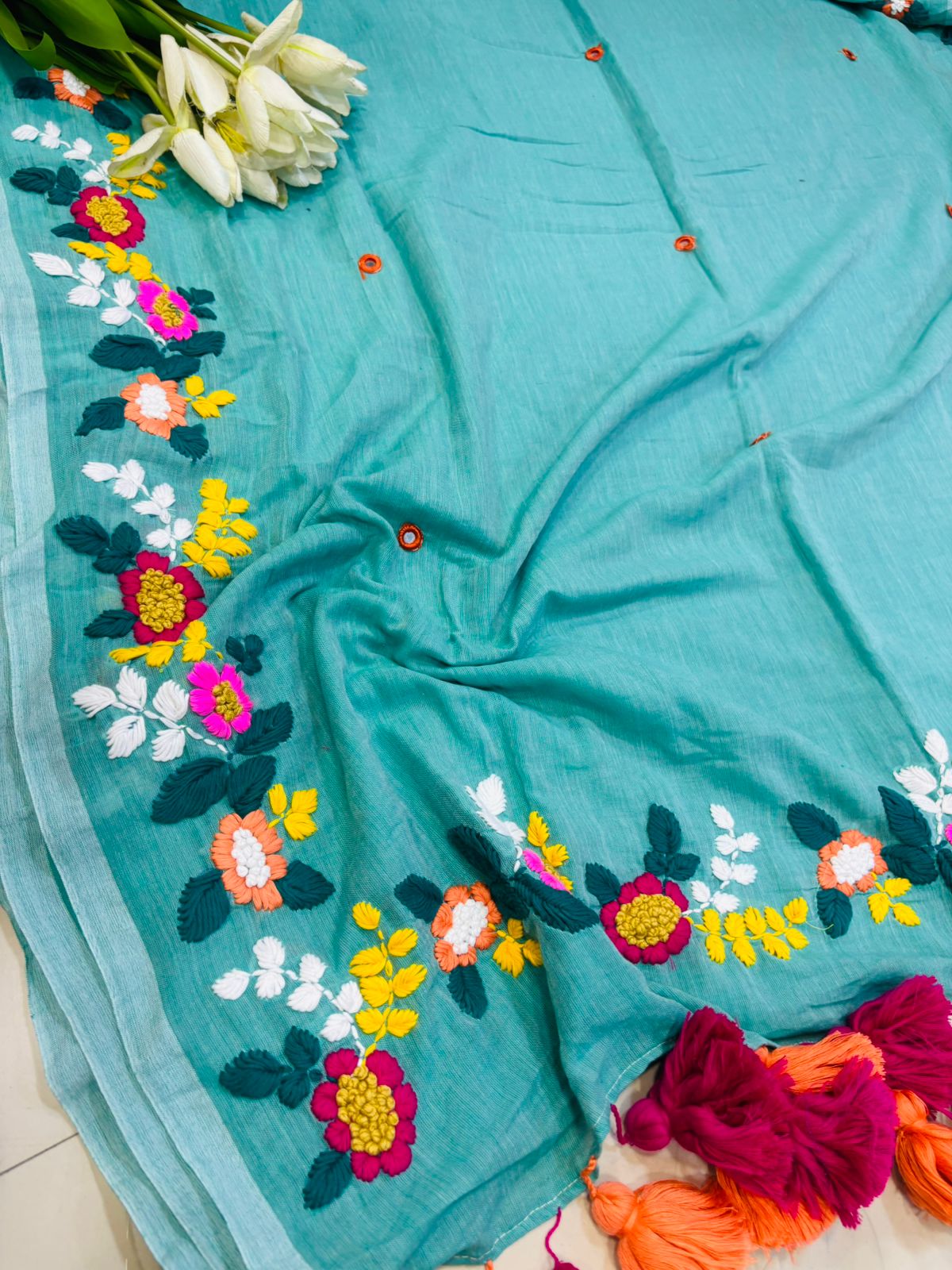 Blue Bengal Khadi Cotton Embroidered Flower Design Saree - Luxurion World