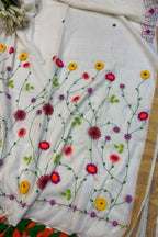 Elegant White Bengal Khadi Cotton Embroidered Flower Design Saree - Luxurion World