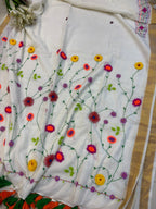Elegant White Bengal Khadi Cotton Embroidered Flower Design Saree - Luxurion World