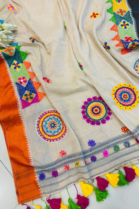 Elegant White Bengal Khadi Cotton Embroidered Saree - Luxurion World