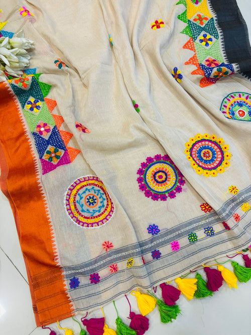 Elegant White Bengal Khadi Cotton Embroidered Saree - Luxurion World