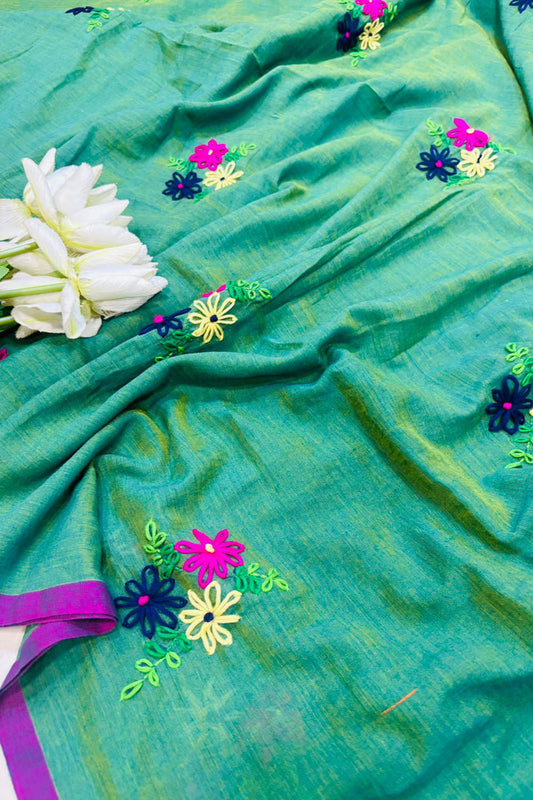 Stunning Green Bengal Khadi Cotton Embroidered Flower Design Saree - Luxurion World