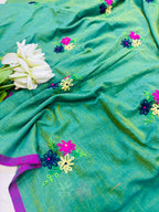 Stunning Green Bengal Khadi Cotton Embroidered Flower Design Saree - Luxurion World