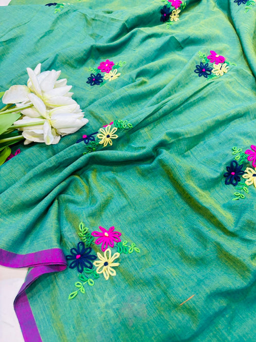 Stunning Green Bengal Khadi Cotton Embroidered Flower Design Saree - Luxurion World