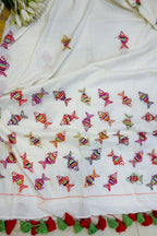 Elegant White Bengal Khadi Cotton Embroidered Fish Design Saree - Luxurion World