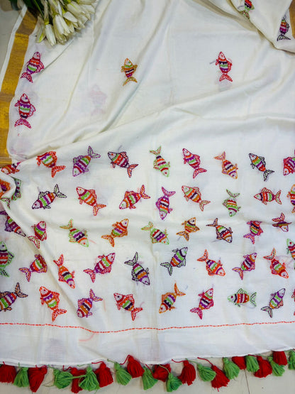 Elegant White Bengal Khadi Cotton Embroidered Fish Design Saree - Luxurion World