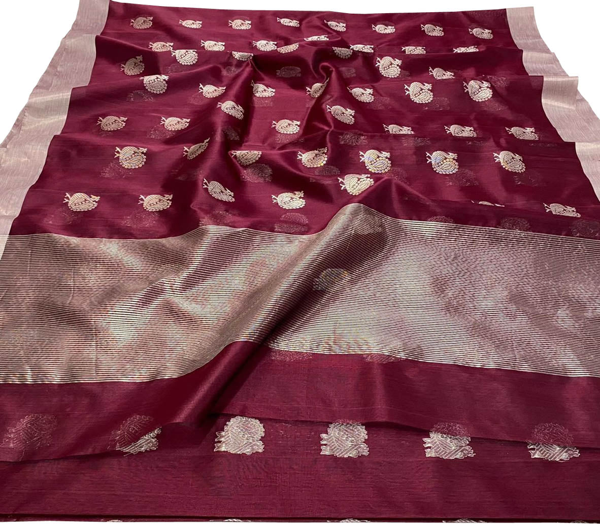Maroon Chanderi Handloom Pure Katan Silk Saree - Luxurion World