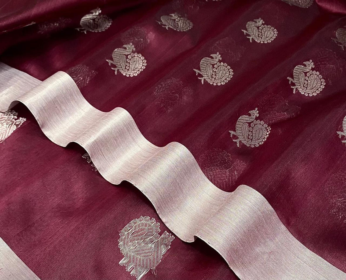 Maroon Chanderi Handloom Pure Katan Silk Saree - Luxurion World
