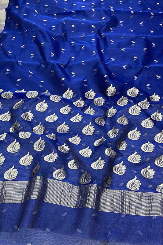 Blue Chanderi Handloom Pure Pattu Silk Saree - Elegant and Luxurious