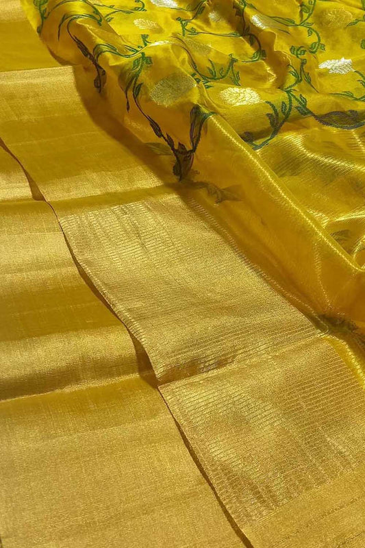 Yellow Chanderi Handloom Pure Pattu Silk Saree