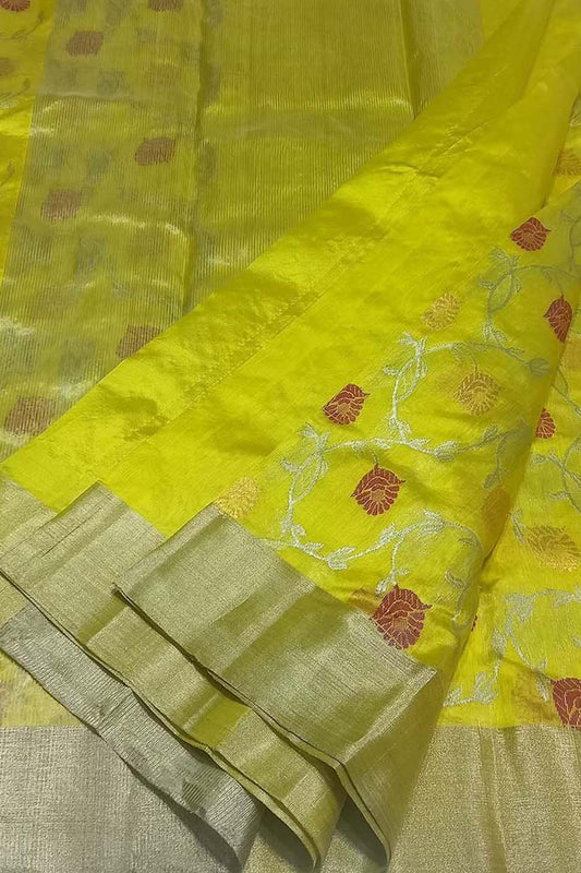 Yellow Chanderi Handloom Pure Pattu Silk Saree - Luxurion World