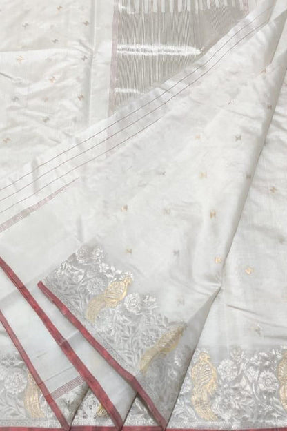 Chic Off White Chanderi Silk Saree - Handloom Elegance - Luxurion World
