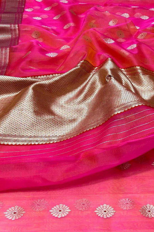Beautiful Pink Chanderi Handloom Katan Silk Saree - Luxurion World