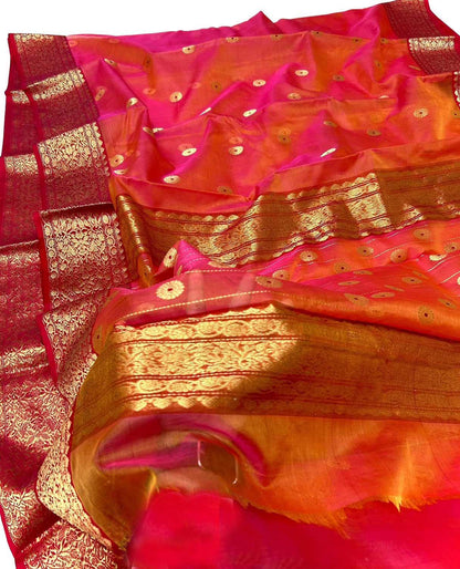 Vibrant Pink & Orange Chanderi Silk Saree - Luxurion World