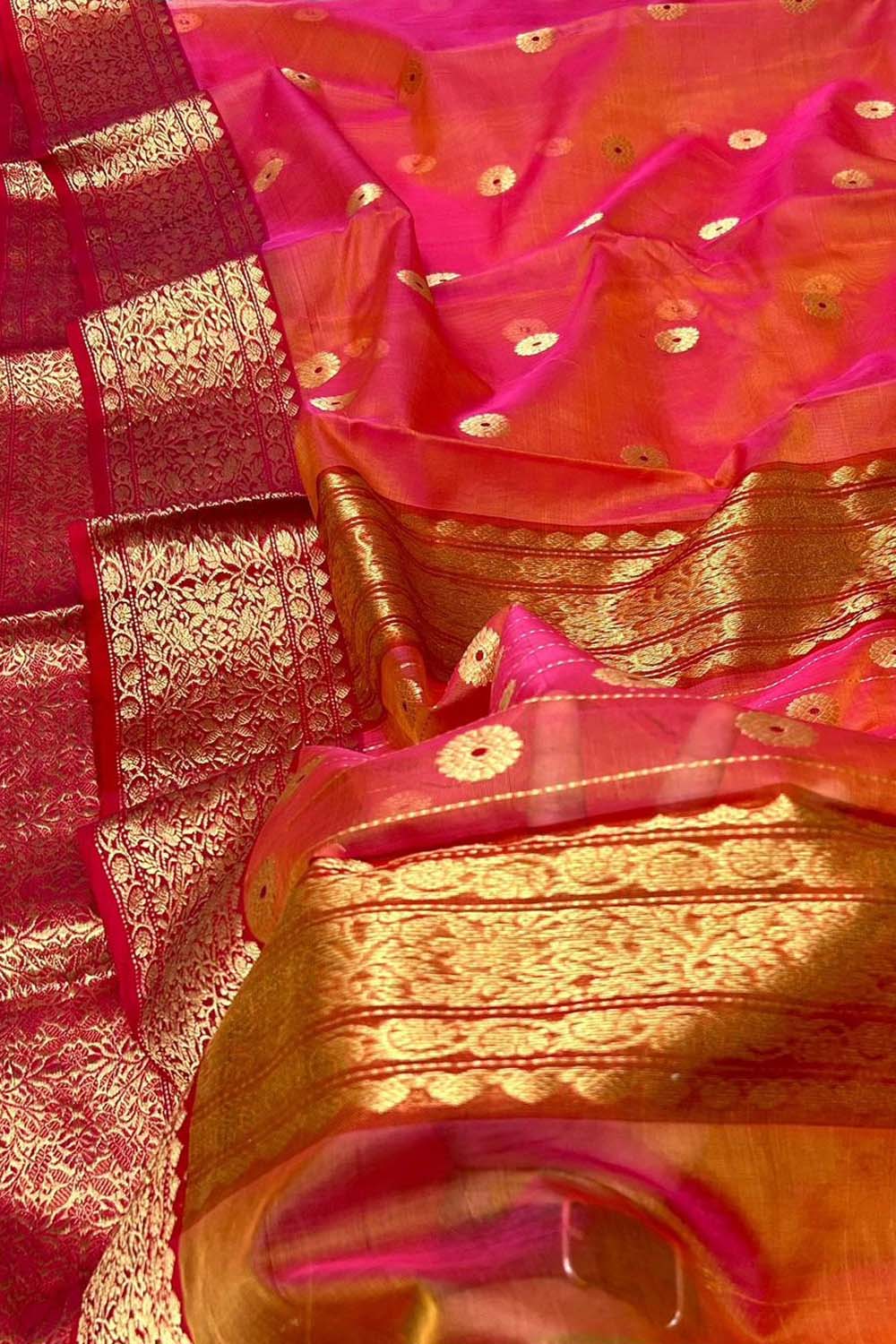 Vibrant Pink & Orange Chanderi Silk Saree - Luxurion World