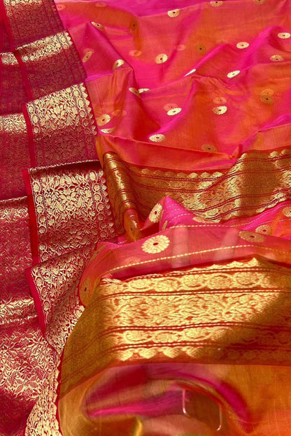 Vibrant Pink & Orange Chanderi Silk Saree - Luxurion World