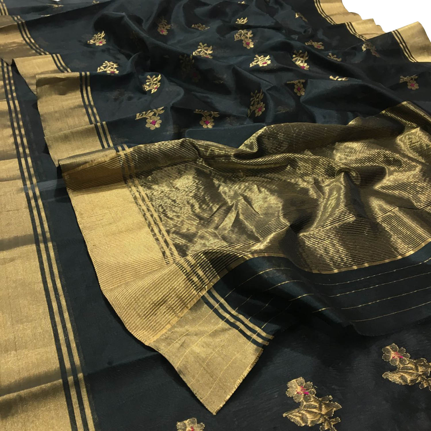 Elegant Black Chanderi Handloom Silk Saree - Luxurion World