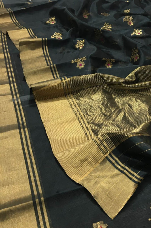 Elegant Black Chanderi Handloom Silk Saree - Luxurion World