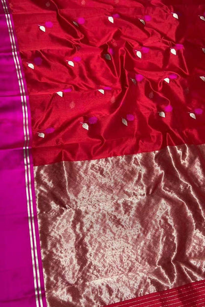 Stunning Red Chanderi Handloom Pure Katan Silk Saree - Luxurion World