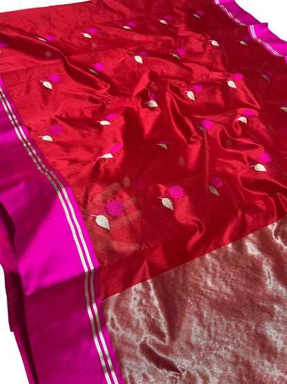 Stunning Red Chanderi Handloom Pure Katan Silk Saree - Luxurion World