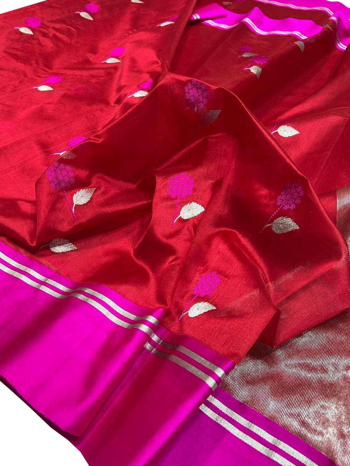 Stunning Red Chanderi Handloom Pure Katan Silk Saree - Luxurion World