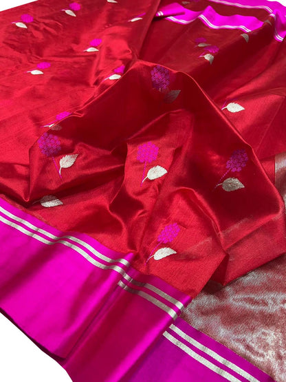 Stunning Red Chanderi Handloom Pure Katan Silk Saree - Luxurion World