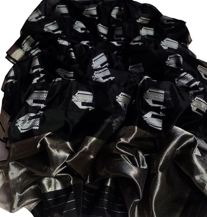 Elegant Black Chanderi Pure Katan Silk Saree - Handloom Beauty - Luxurion World