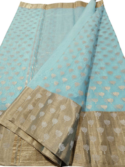 Blue Chanderi Handloom Pure Katan Silk Saree - Luxurion World