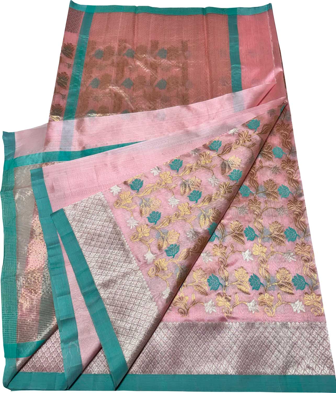 Beautiful Pink Handloom Chanderi Pure Silk Flower Design Saree - Luxurion World
