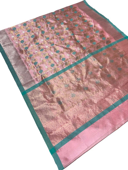 Beautiful Pink Handloom Chanderi Pure Silk Flower Design Saree - Luxurion World