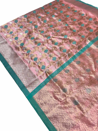 Beautiful Pink Handloom Chanderi Pure Silk Flower Design Saree - Luxurion World