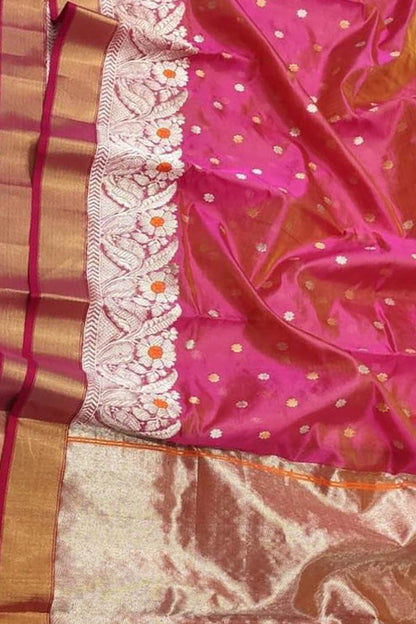 Chic Pink Shot Handloom Chanderi Pure Silk Small Booti Design Saree - Luxurion World