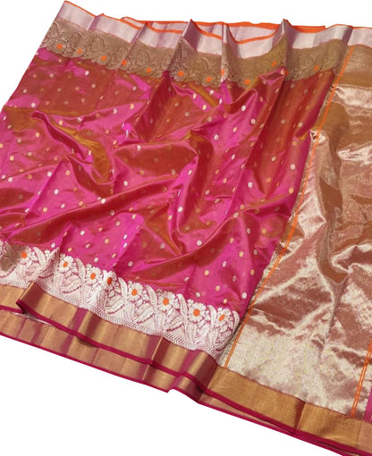Chic Pink Shot Handloom Chanderi Pure Silk Small Booti Design Saree - Luxurion World