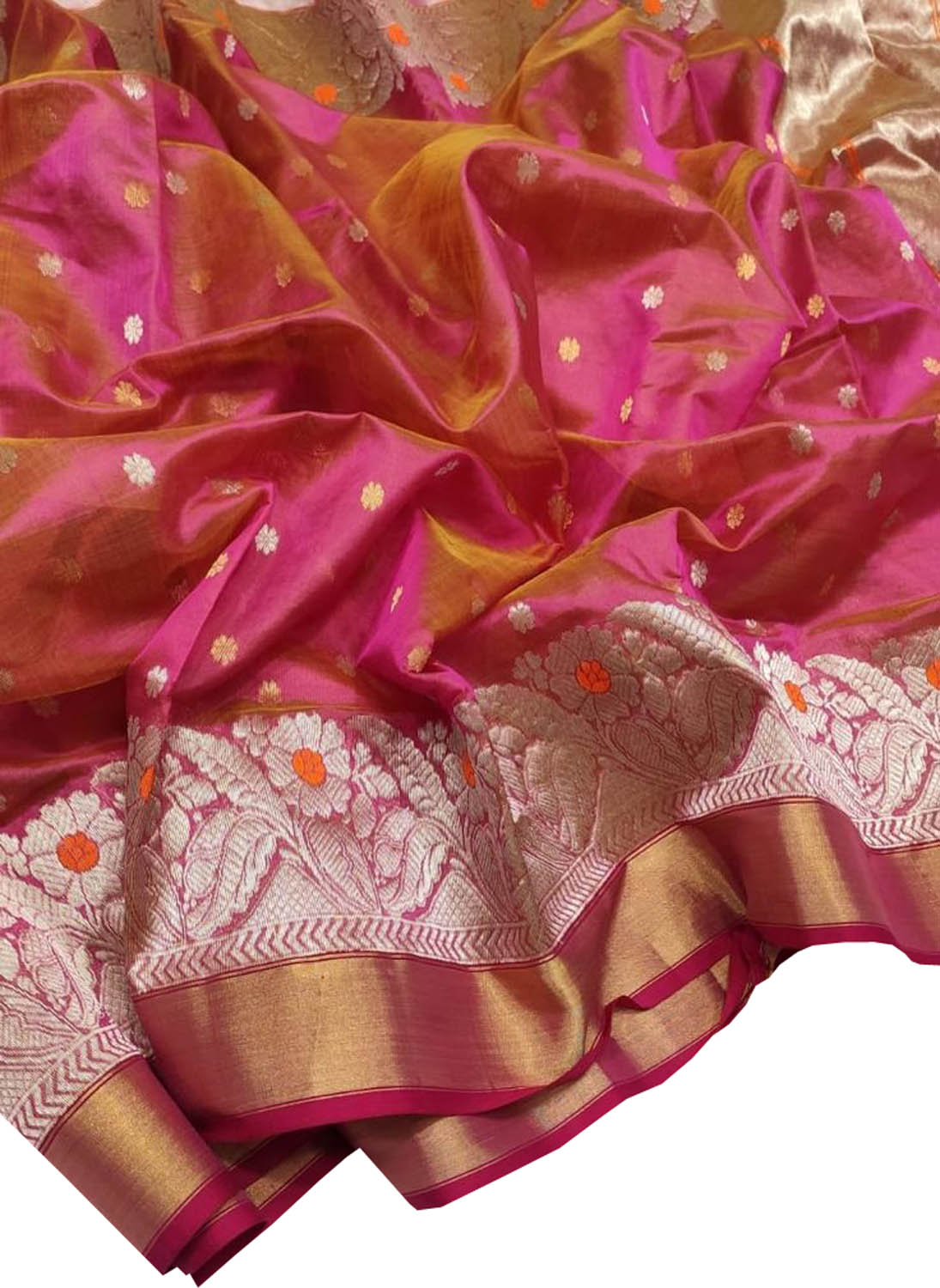 Chic Pink Shot Handloom Chanderi Pure Silk Small Booti Design Saree - Luxurion World
