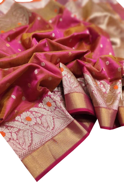 Chic Pink Shot Handloom Chanderi Pure Silk Small Booti Design Saree - Luxurion World
