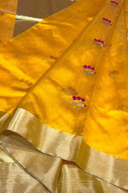 Yellow Chanderi Handloom Pure Silk Flower Design Saree - Luxurion World