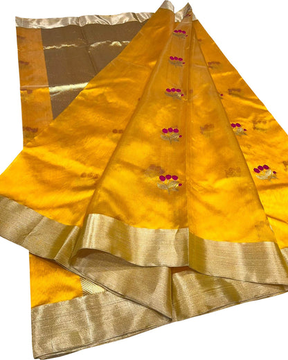 Yellow Chanderi Handloom Pure Silk Flower Design Saree - Luxurion World