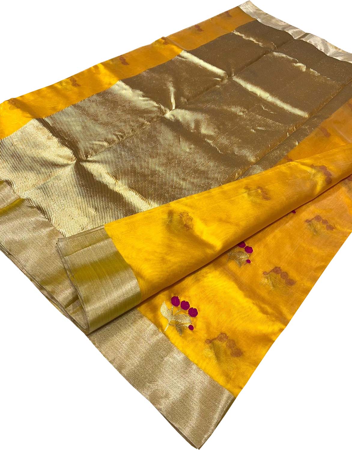 Yellow Chanderi Handloom Pure Silk Flower Design Saree - Luxurion World