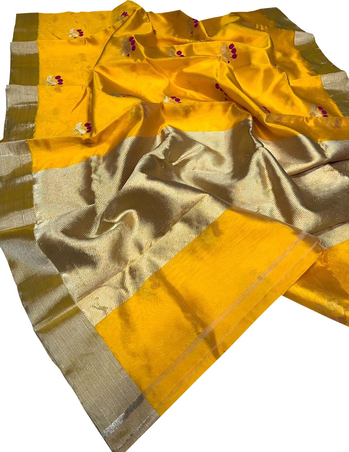 Yellow Chanderi Handloom Pure Silk Flower Design Saree - Luxurion World