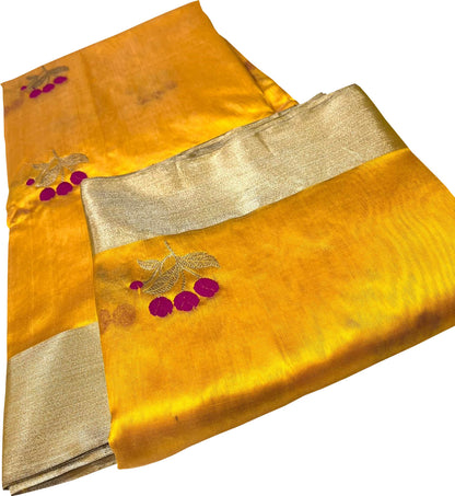 Yellow Chanderi Handloom Pure Silk Flower Design Saree - Luxurion World