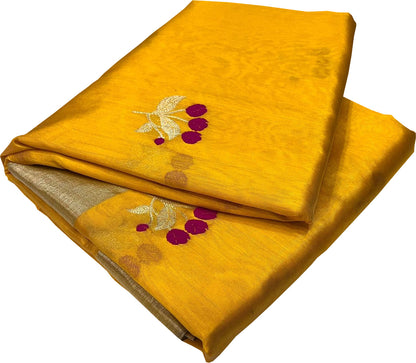 Yellow Chanderi Handloom Pure Silk Flower Design Saree - Luxurion World