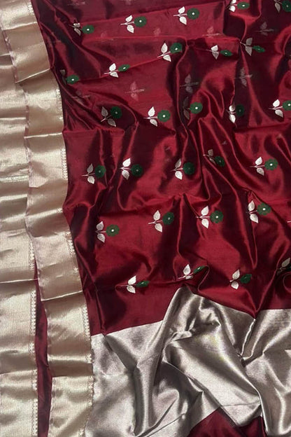 Maroon Chanderi Handloom Pure Silk Flower Design Saree - Luxurion World