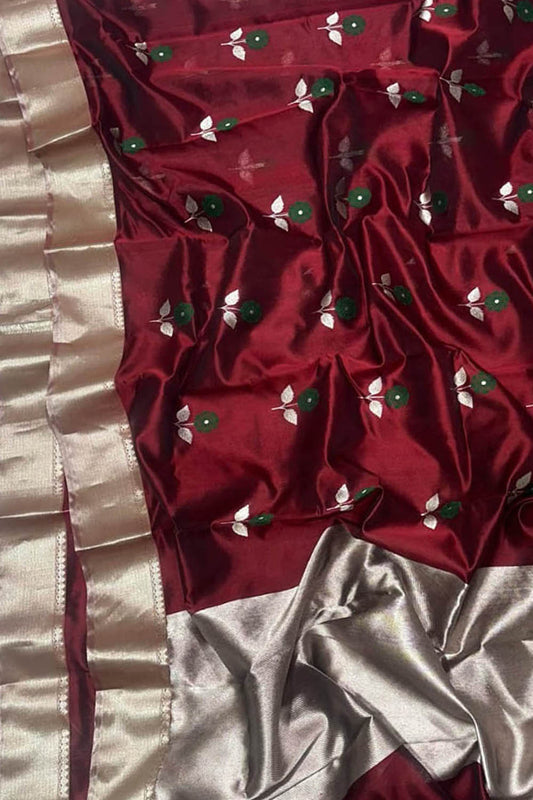 Maroon Chanderi Handloom Pure Silk Flower Design Saree - Luxurion World