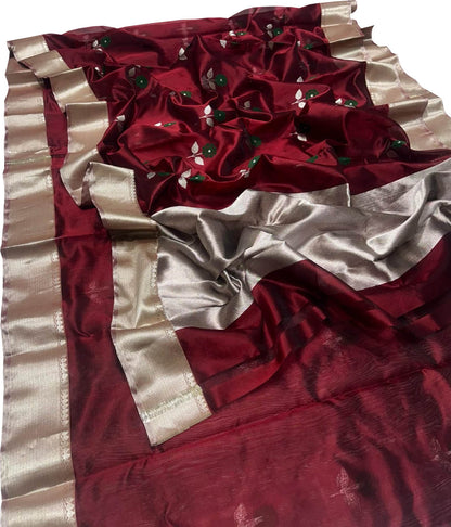 Maroon Chanderi Handloom Pure Silk Flower Design Saree - Luxurion World