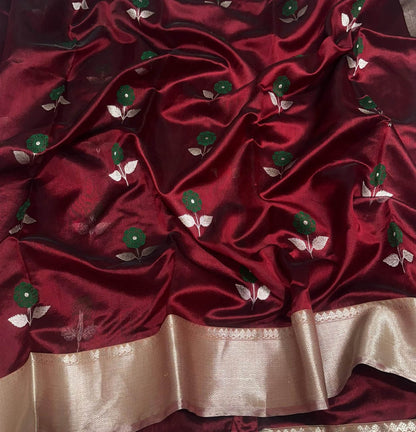 Maroon Chanderi Handloom Pure Silk Flower Design Saree - Luxurion World